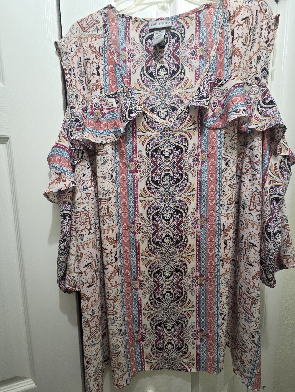 Catherines Pink and Cream Paisley-Striped Cold Shoulder Top 4X